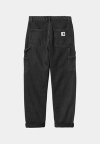 Los pantalones cargo de mezclilla negra presentan un corte relajado, dos bolsillos traseros, bolsillos laterales y puños enrollados. Tejido duradero con un sutil detalle de textura.