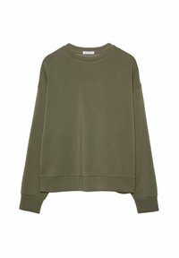 Olijfgroene sweatshirt met een ronde hals, lange mouwen en een relaxte pasvorm. Gladde textuur en geribbelde manchetten met een iets cropped zoom.