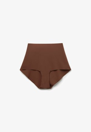 Braguitas de talle alto en marrón, fabricadas con un tejido suave y un diseño sin costuras, que ofrecen una cobertura total y una estética limpia y minimalista.