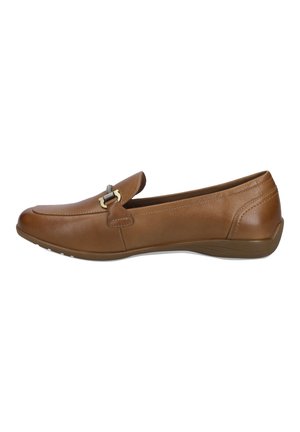 Brown leather slip-on shoe featuring a rounded toe, decorative strap with hardware, and textured side panels for a flexible fit.