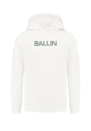 Witte hoodie van zachte stof, met een vooraanstaand logo "BALLIN" in lichtgroene borduursel. Inclusief een trekkoord in de capuchon en geribde manchetten.