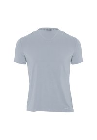 T-shirt a maniche corte di un blu chiaro, con scollatura a V, esposto su uno sfondo bianco, con un piccolo etichetta del marchio vicino all'orlo.