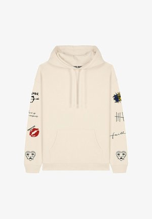 Kreemikaalune kapuutsiga särk, millel on eesmine tasku ja graafilised printimised: huulte, silmade ja tekstiga. Valmistatud pehmest kangast, millel on reguleeritav kapuuts.