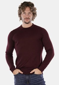 Maglione bordeaux a maniche lunghe con scollatura a girocollo e polsini a coste. Abbinato a jeans blu, presenta una silhouette aderente.