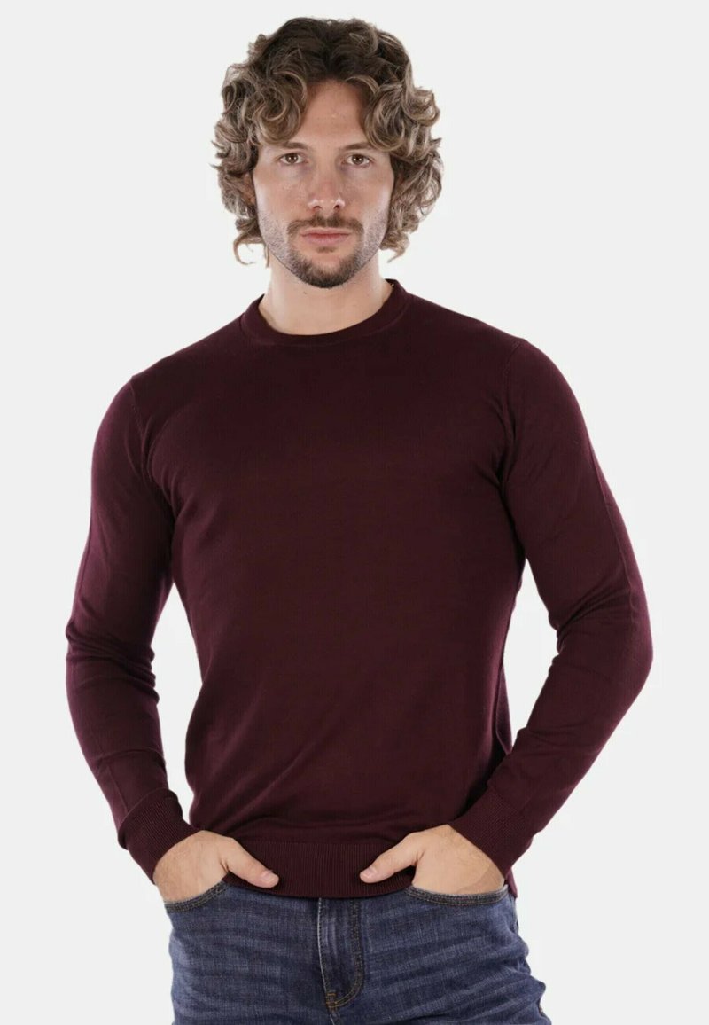 Maglione bordeaux a maniche lunghe con scollatura a girocollo e polsini a coste. Abbinato a jeans blu, presenta una silhouette aderente.