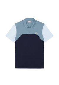 Polo shirt with a navy body, light blue sleeves, and dark blue accents. Features a collar and a small embroidered logo on the chest.