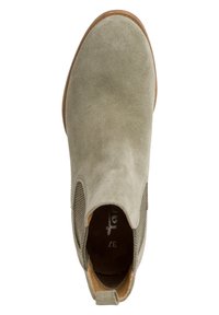 Zamszowe botki za kostkę w jasnym zielonym kolorze z elastycznymi panelami bocznymi i kontrastującą brązową podeszwą. Gładka faktura z minimalistycznym wzornictwem.