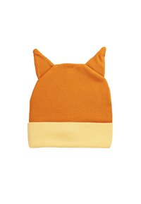 Berretto di maglia con corpo arancione e risvolto giallo, con orecchie di gatto in cima. La texture morbida e il design semplice esaltano il suo aspetto giocoso.