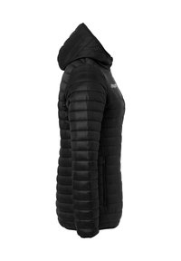 Sort dunjakke, quiltet design, let materiale, hætte, med sidelommer og ribbekantede manchetter. Har et logo på brystet.