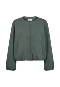 Groene bomberjas met een ritssluiting aan de voorkant, zachte stof, elastische tailleband en twee zijzakken. Voorzien van een ronde halslijn en losse mouwen.