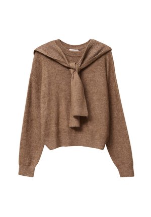 Bruine gebreide trui met een capuchon die aan de voorkant is vastgebonden, met lange mouwen en een cropped zoom. Zachte textuur met een warme uitstraling.