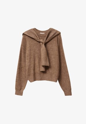 Maglione marrone lavorato a maglia con cappuccio annodato davanti, maniche lunghe e orlo corto. Tessuto morbido con un aspetto caldo.