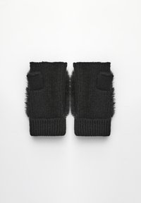 Czarne rękawiczki bez palców z dzianinową fakturą, futrzastymi akcentami po bokach, ściągaczami na nadgarstkach i małymi otworami na kciuki dla dodatkowego komfortu i ciepła.