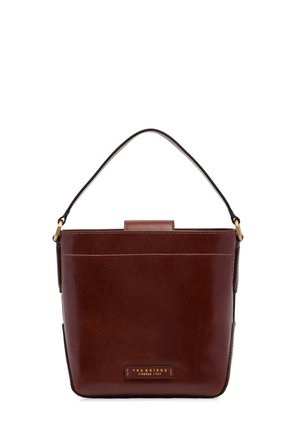 Borsa a mano in pelle marrone con ferrature dorate, tracolla singola e targhetta in rilievo "The Bridge Firenze 1969" sul davanti.