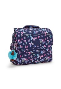 Mörkblå ryggsäck med ett fjärilsmönster i rosa och blåa nyanser. Inkluderar en plysch nyckelring i turkosa färger i form av en gorilla och har ett klaff-lock.
