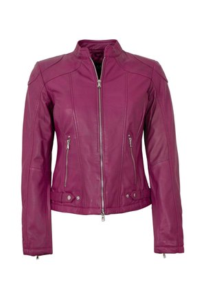 Fuchsia Lederjacke mit hohem Kragen, Reißverschluss und seitlichen Taschen mit metallischen Akzenten. Glatte Textur und taillierte Passform.