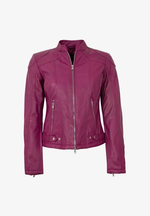 Fuchsia Lederjacke mit hohem Kragen, Reißverschluss und seitlichen Taschen mit metallischen Akzenten. Glatte Textur und taillierte Passform.