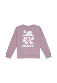 Sudadera de cuello redondo de color lila claro con un gráfico de ola y flor en blanco y el texto "ROXY" en la parte trasera. Tejido suave y texturizado.