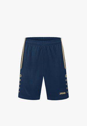 Shorts de sport navy en tissu léger avec des accents jaunes, dotés d'une taille élastique, de poches latérales et de détails de boutons ronds.
