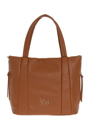Borsa a mano in pelle marrone con due manici, cuciture visibili, cerniere laterali e un piccolo logo metallico sul davanti al centro.
