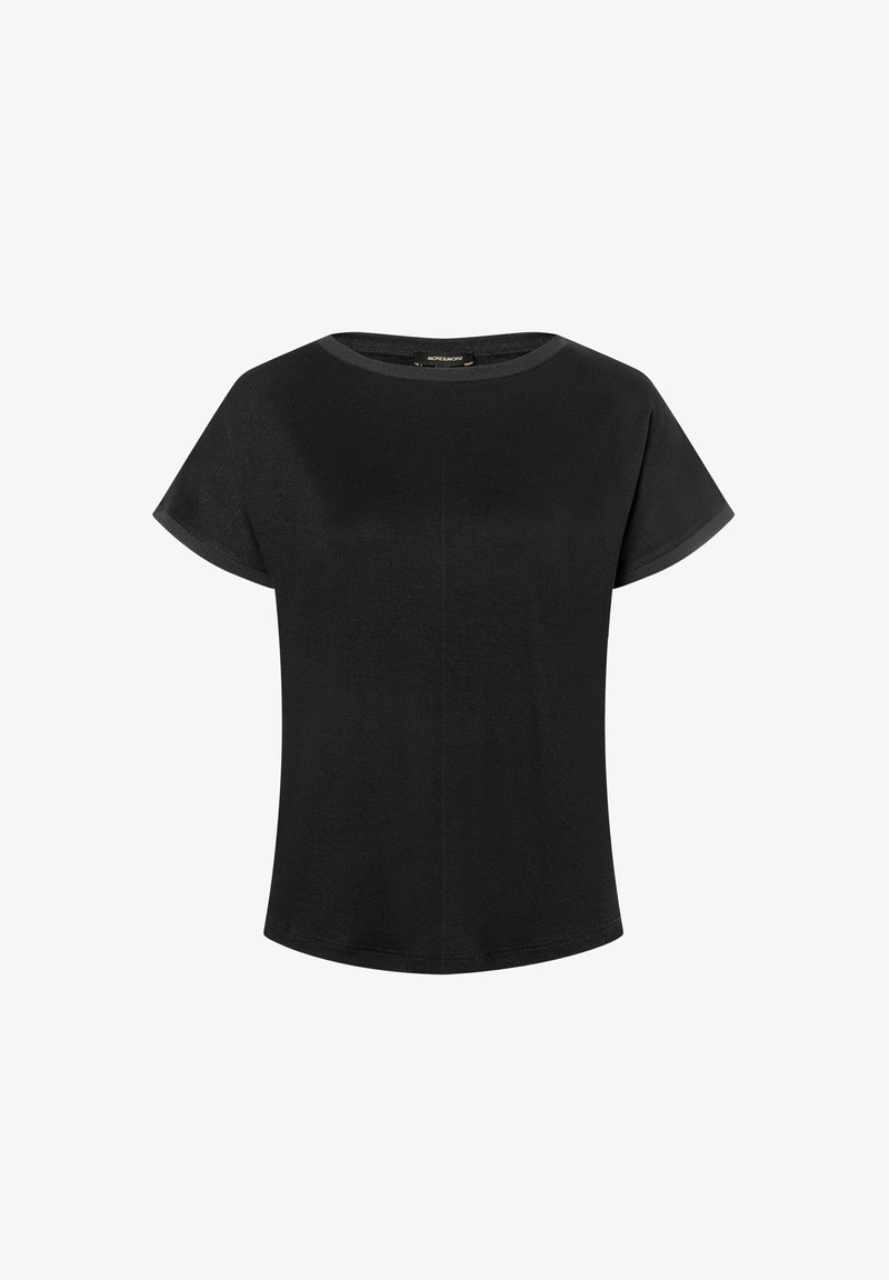 Black t-shirt made of soft fabric, featuring a rounded neckline, short sleeves, and a relaxed fit. Smooth texture with no visible patterns.