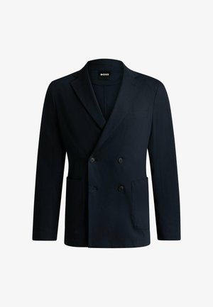 Divkrūšu tumši zils žakets, kas izgatavots no gludas auduma, ar divām priekšējām kabatām, vienu krūšu kabatu un elegantiem uzrakstiem.