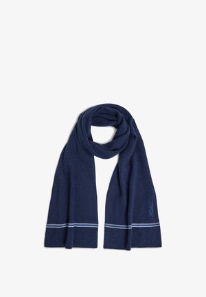 Sciarpa blu navy realizzata in morbido materiale, con una finitura testurizzata e due strisce orizzontali azzurro chiaro vicino alle estremità.