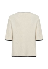 Beige, ribbat kortärmad topp med svart kant på ärmar, halsringning och nederkant, visad bakifrån mot en vit bakgrund.