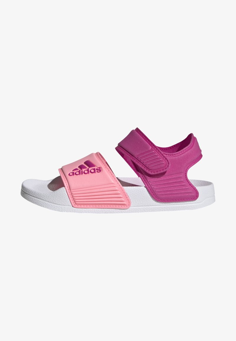 Adidas sandals with a pink strap and accent, adjustable hook-and-loop closure, white sole, textured upper for grip, and padded footbed.