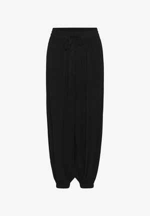 Pantalon noir ample à cordon de serrage avec taille élastique et chevilles resserrées, conçu pour un port décontracté.