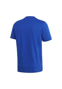 Blue short-sleeve t-shirt made of cotton, featuring a round neckline and a smooth texture, displayed from the back with no patterns or accents.