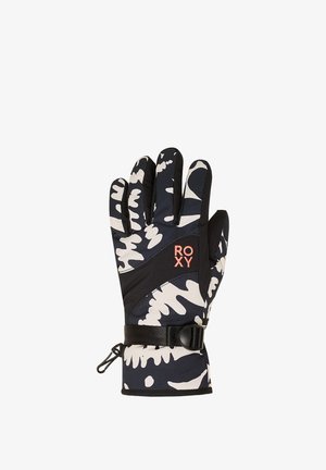 Schwarze und weiße gemusterte Skihandschuhe mit verstellbarem Riemen, gepolstert für Isolierung, mit einem orangefarbenen Roxy-Logo. Weicher Stoff, ergonomisches Design.
