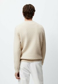 Beige strukturierter Pullover mit Rautenmuster, rundem Ausschnitt und gerippten Abschlüssen an den Ärmeln und am Saum. Getragen mit hellen Hosen.