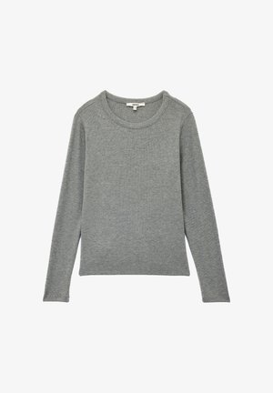 Grauer Pullover mit langen Ärmeln und Rundhalsausschnitt. Weiche Textur und figurnahe Passform, mit gerippten Bündchen und Saum für zusätzlichen Detail.