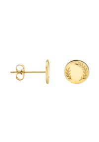 Orecchini a cerchio in oro con design a disco circolare, impresso con un motivo di foglie di alloro, e dotati di chiusura a perno e farfallina semplice.