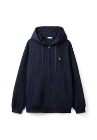 Námořnická modrá mikina na zip vyrobená z měkké látky, s předním zipem, dvěma bočními kapsami a kapucí na šňůrku se malým logem na hrudi.