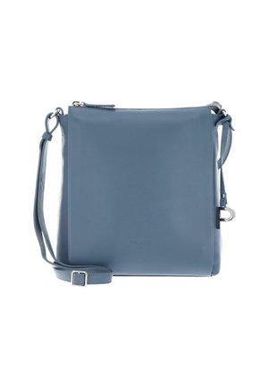 Blue leather crossbody bag with a rectangular shape, zip closure, adjustable strap, and logo detail on the front. Smooth texture.