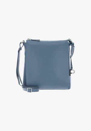 Blue leather crossbody bag with a rectangular shape, zip closure, adjustable strap, and logo detail on the front. Smooth texture.