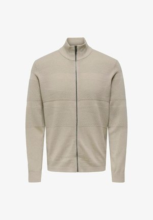 Beżowy sweter zapinany na zamek z wysokim kołnierzem. Posiada strukturalne poziome paski i ściągacze. Wykonany z miękkiego, dzianinowego materiału.