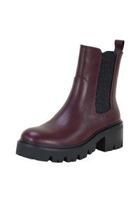 Bordeauxrode leren enkellaars met een dikke zwarte zool, elastische zijkanten met een subtiele luipaardprint en een trekkoord aan de achterkant.