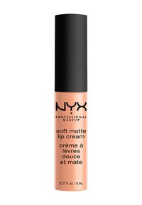 NYX Soft Matte Lip Cream i en genomskinlig tub med svart kork. Produkten visas i en mjuk persikofärg, märkt med svart text.