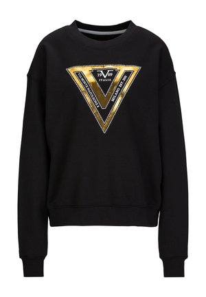 Zwart sweatshirt met een driehoekige gouden grafiek met witte accenten en tekst. Ribgebreide manchetten en zoom. Zacht katoenmateriaal.