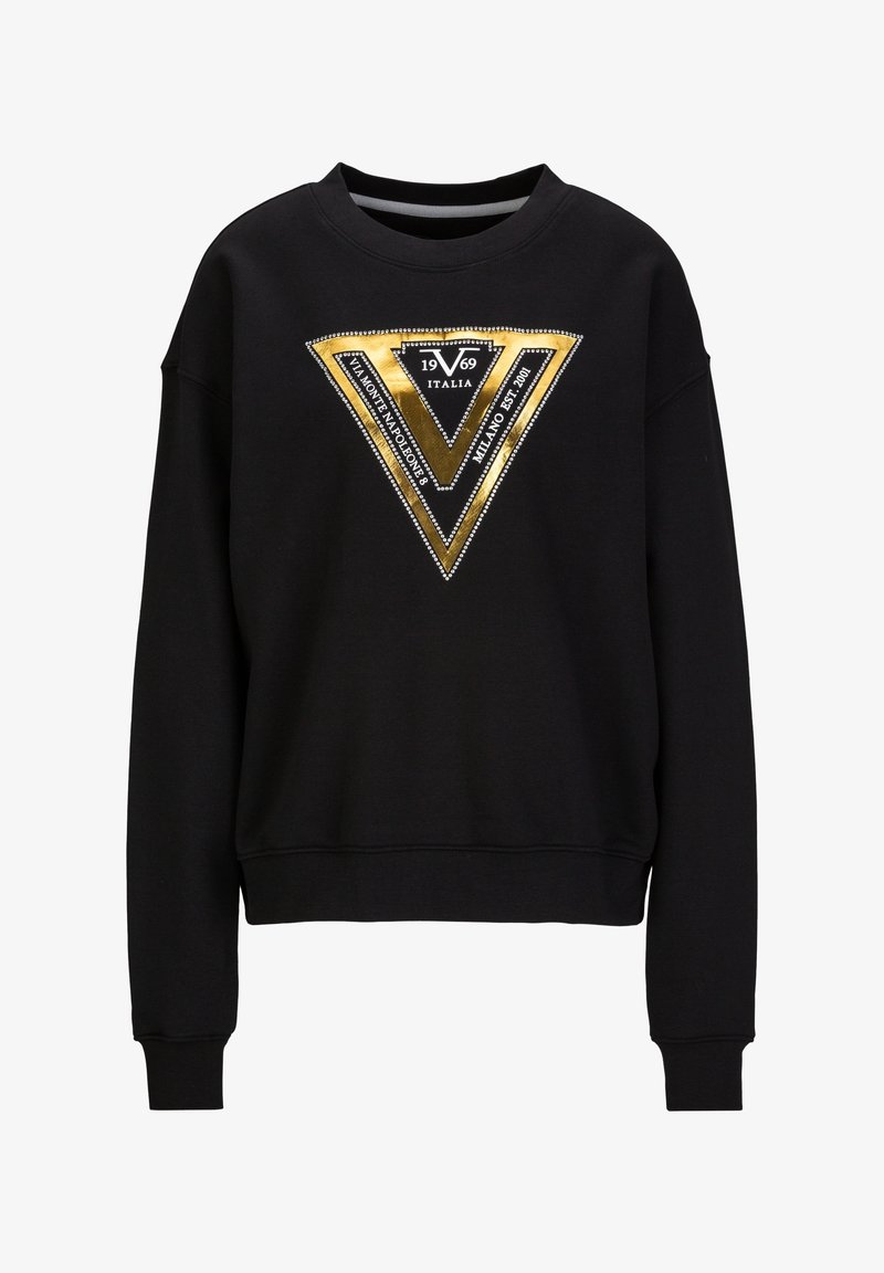 Zwart sweatshirt met een driehoekige gouden grafiek met witte accenten en tekst. Ribgebreide manchetten en zoom. Zacht katoenmateriaal.