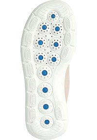 Suola di una scarpa con una superficie bianca testurizzata e dettagli circolari blu, dotata di fori di ventilazione. Design leggero con una finitura liscia.