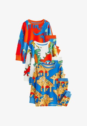Setti neljän pitkähihaisten lasten pyjamaa, joissa on värikkäitä dinosaurusteemoja. Materiaalit ovat pehmeää puuvillaa; värit sisältävät punaista, sinistä ja valkoista.