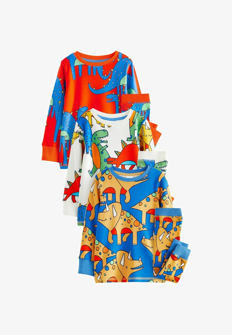 Set mit vier langärmeligen Kinder-Pyjamas mit bunten Dinosaurier-Mustern. Die Materialien sind aus weicher Baumwolle; die Farben umfassen Rot, Blau und Weiß.