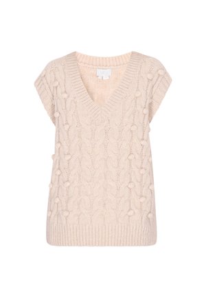 Strikvest i lys beige med V-hals og korte ærmer. Har et kabelstrik mønster og pompon-detaljer på siderne.