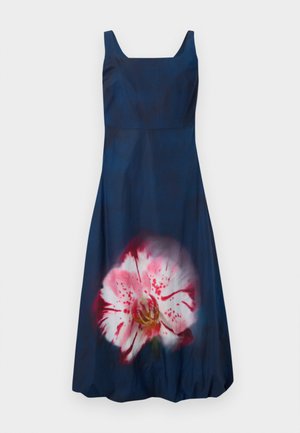 Navy blue dress with a square neckline and sleeveless design; features a large, light pink floral pattern on the front. Smooth texture.