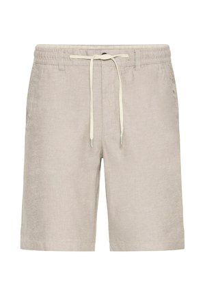 Beige linnedræk med elastisk talje, snorelukning og sidelommer. Glat tekstur med et subtilt vævet mønster.