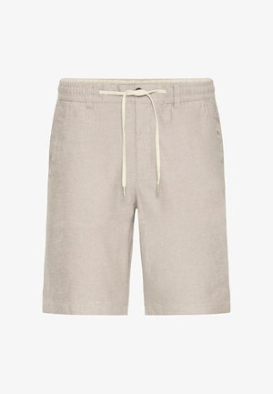 Beige linnedræk med elastisk talje, snorelukning og sidelommer. Glat tekstur med et subtilt vævet mønster.